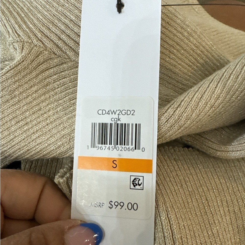 Calvin Klein Ribbed Knit Midi Dress Beige Logo Side Panels Bodycon Short Sleeve - Picture 9 of 10